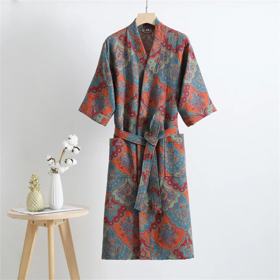 Summer Couple Dressing Gown Double Layer Gauze Bathrobe Men Shower Robe Loungewear Women V-neck Kimono Sleepwear Night Dress