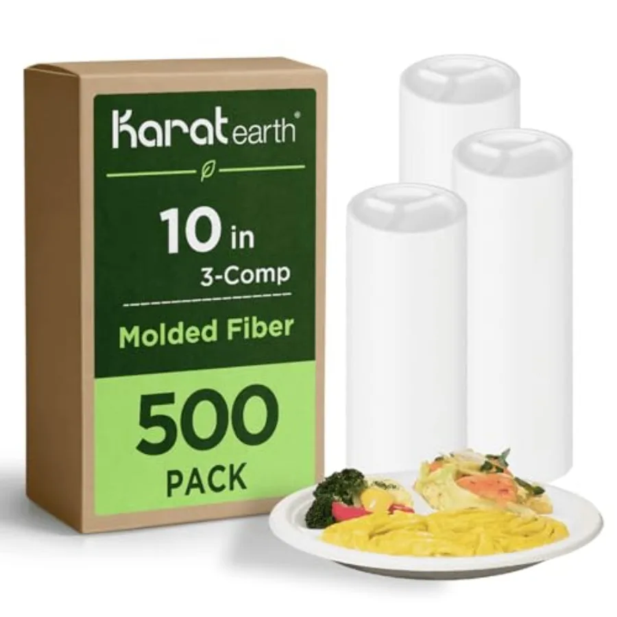10-Inch Compostable Disposable Paper Plates 500 Pack 3 Compartment Heavy-Duty, Molded Fiber, Eco-Friendly Bulk Package (White