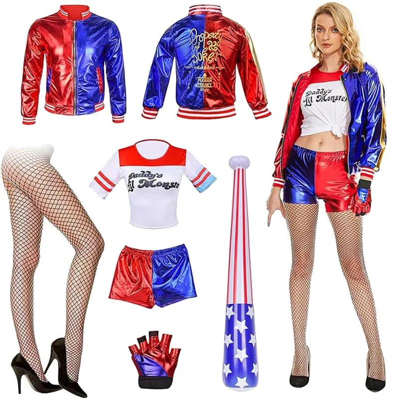 Kinder Erwachsene Selbstmord Stickerei Jacke T-shirt Hosen Handschuh Cosplay Kostüm Quinns Monster Harlee Clown Halloween Kostüm