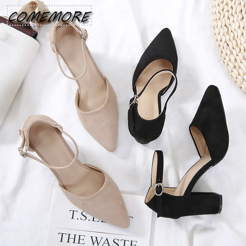 Women Classic High Quality Square Heels Shoes for Office Ladies Black Flock Party Heel Pumps Designer Luxury Summer New Footwear