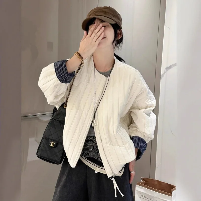 

Casual Cotton Jacket Women Short Style Winter Fashion Slim Fit round Neck Solid Color Leisure Commute Style Women Top