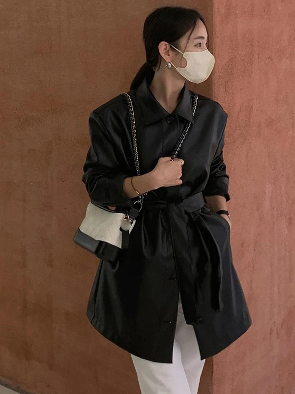 Bla Leather Jaet Women's Autumn Winter Faion Long Belted Slimming Trendy PU Leather Coat Casual Sle Medium Length