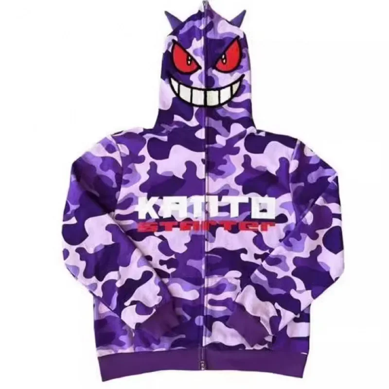 Pokemon Gengar Men Sweatshirt Y2k Demon Letter Print Hoodie Vintage Oversized Zipper Jacket High Quality Harajuku Hoodies Women