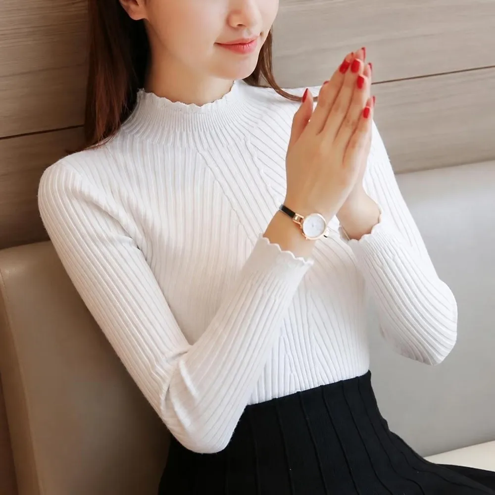 Classic Ruffles Trim Mock Neck Sweater Solid Color Long Sleeve Rib Knit Top Pullover Sweater For Women