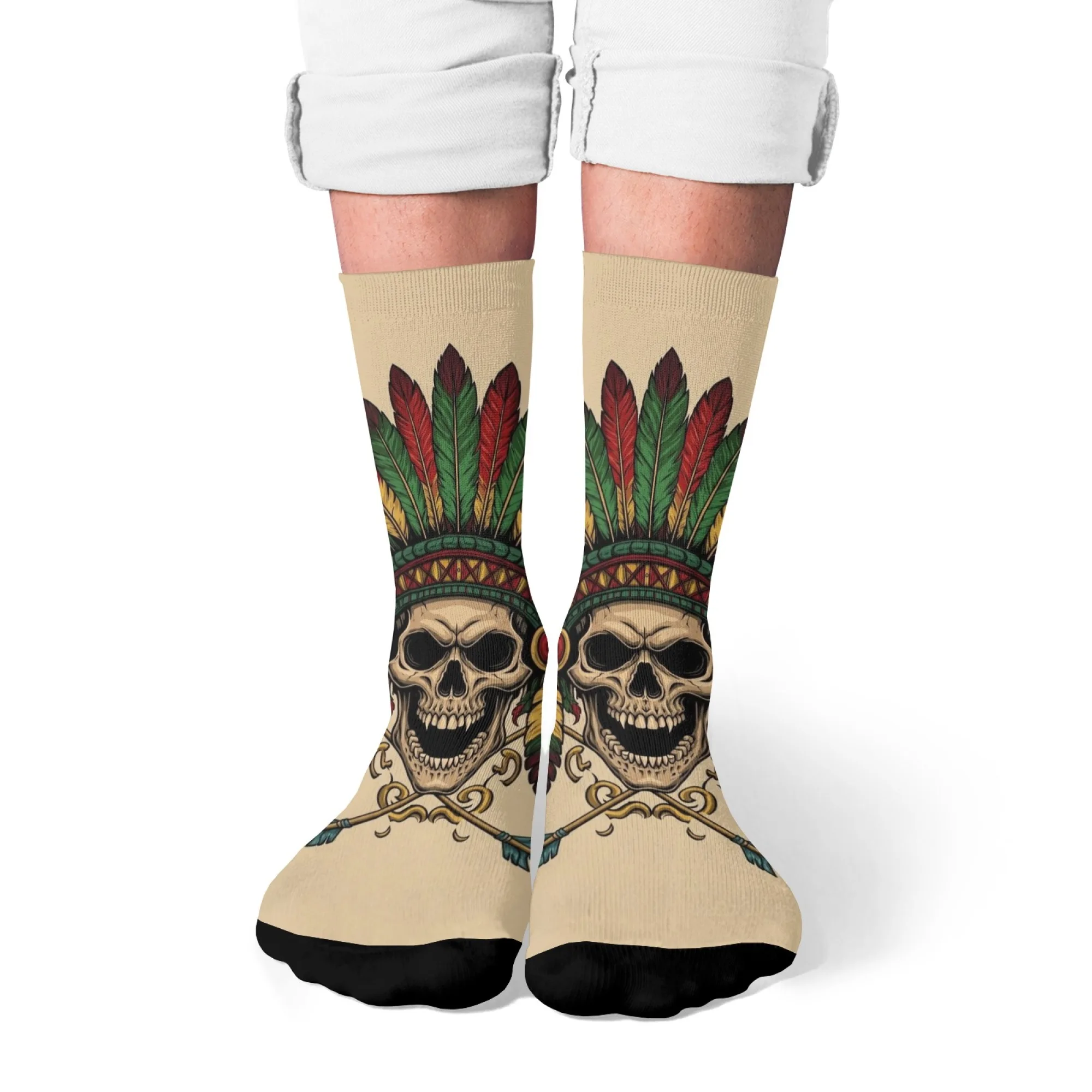 

Таинственные носки в стиле ретро в стиле хип-хоп, бежевая основа с большим головным убором с черепом и перьями, мягкие, теплые, смелые для уличного этнического стиля