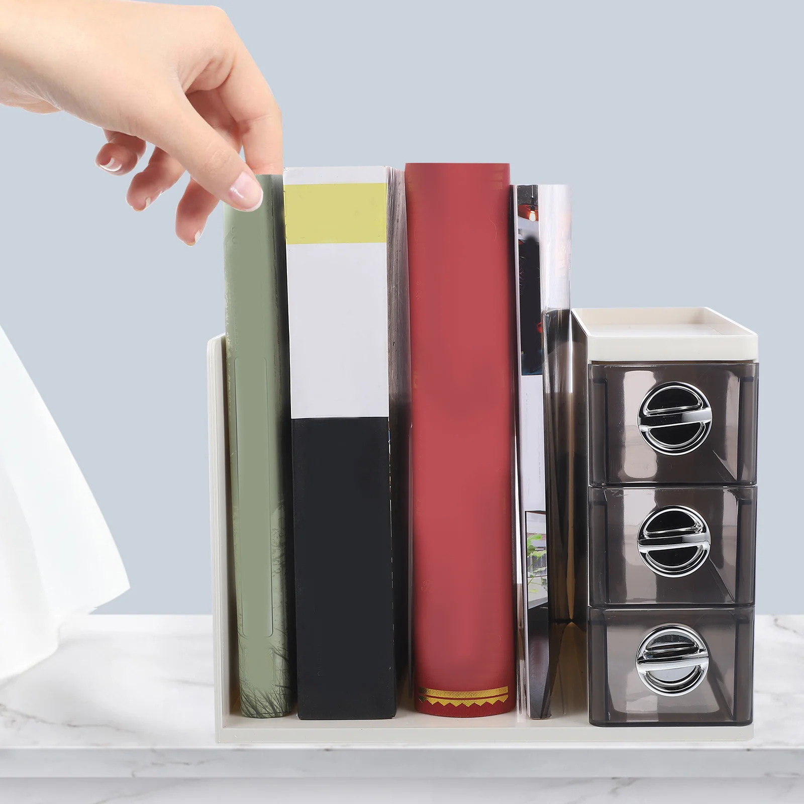 منظم مكتب مع أدراج، صندوق تخزين مجلد الملفات، حامل منظم صغير، حامل مستندات، حامل تخزين المكتب، أدراج صغيرة