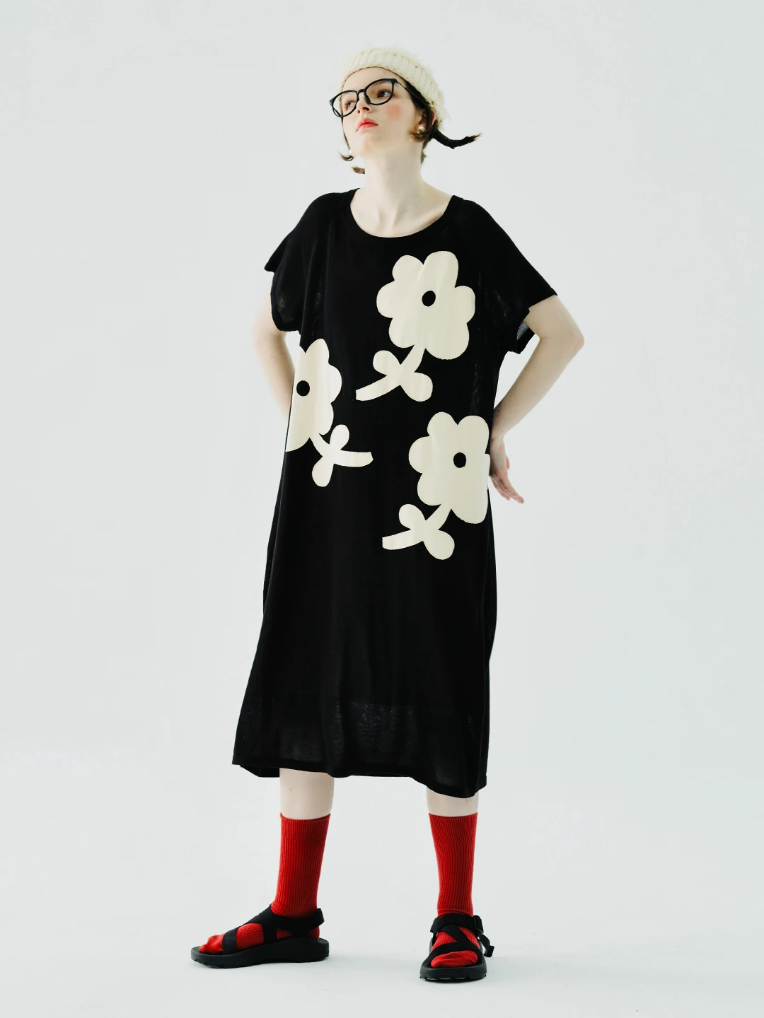 imakokoni original design 2023 new black crewneck knitted long flower print dress Japanese loose skirt 234148