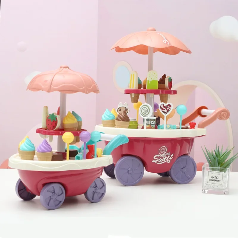 Children kitchen Pretend play home accessories simulated tableware mini ice cream candy trolley supermarket store toys Push Cars