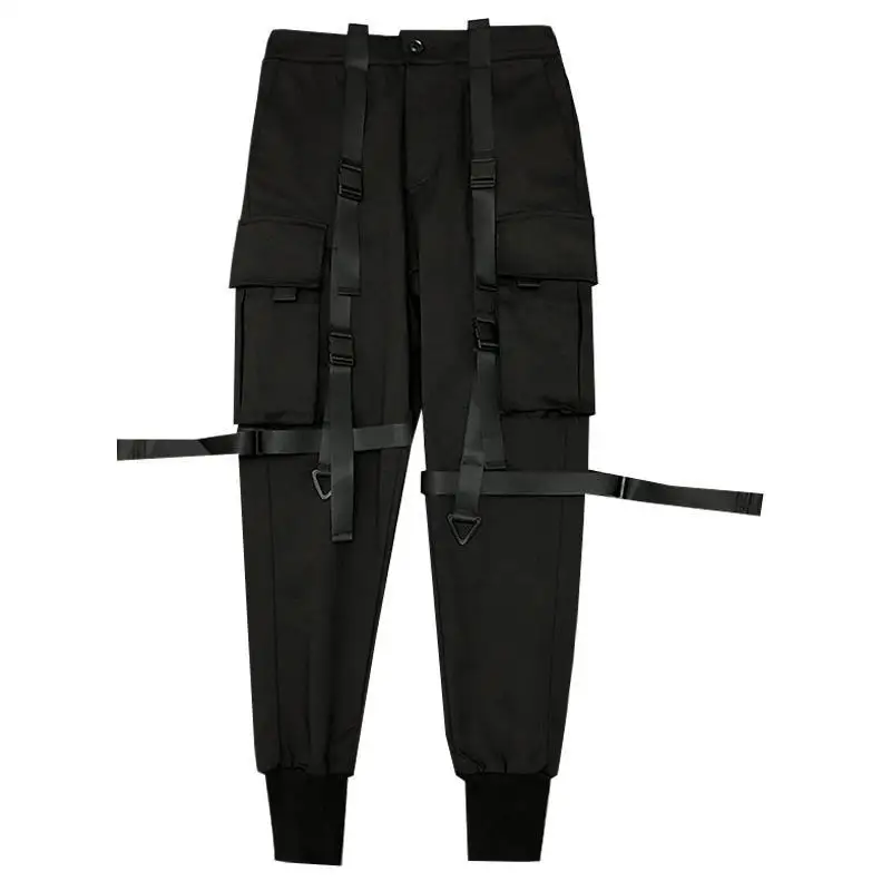 Pantalones Cargo negros para hombre, pantalones con bolsillo con cinta, ropa informal japonesa, Hip Hop, Harajuku, moda Harem, primavera 2024