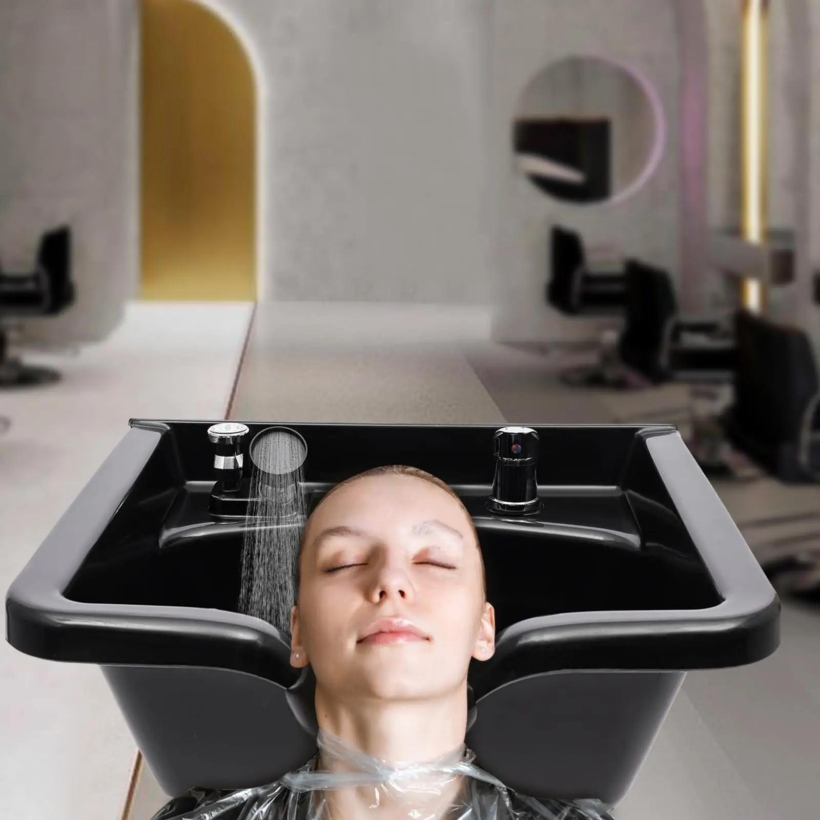 Cuenco de champú profesional para salón, fregadero de champú montado en la pared, equipo de salón y peluquero, fregadero de retrolavado de Abs profundo negro para peinado