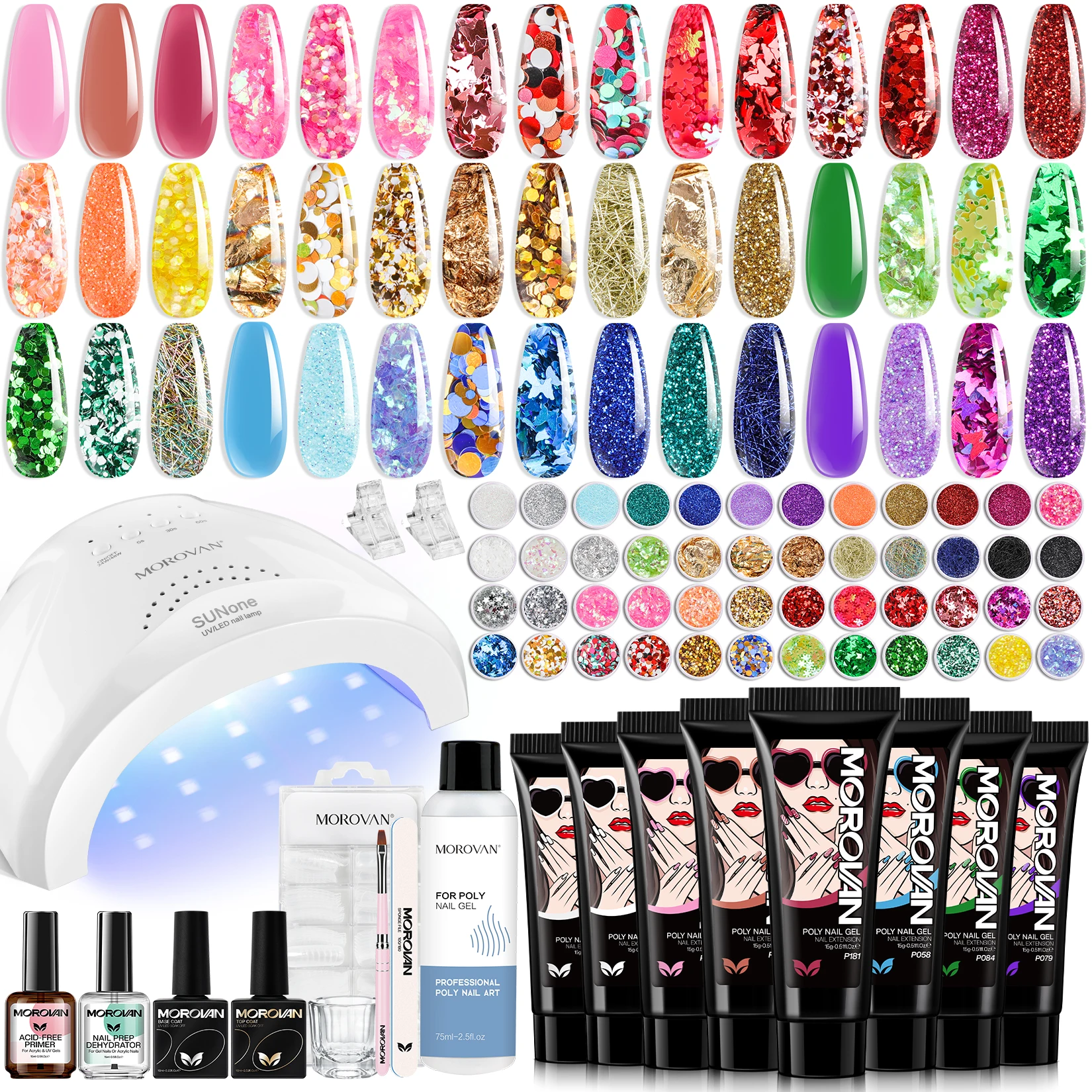 Morovan Poly gel nail set: 8-color polyester nail gel set, with LED nail light professional gel extension nail set