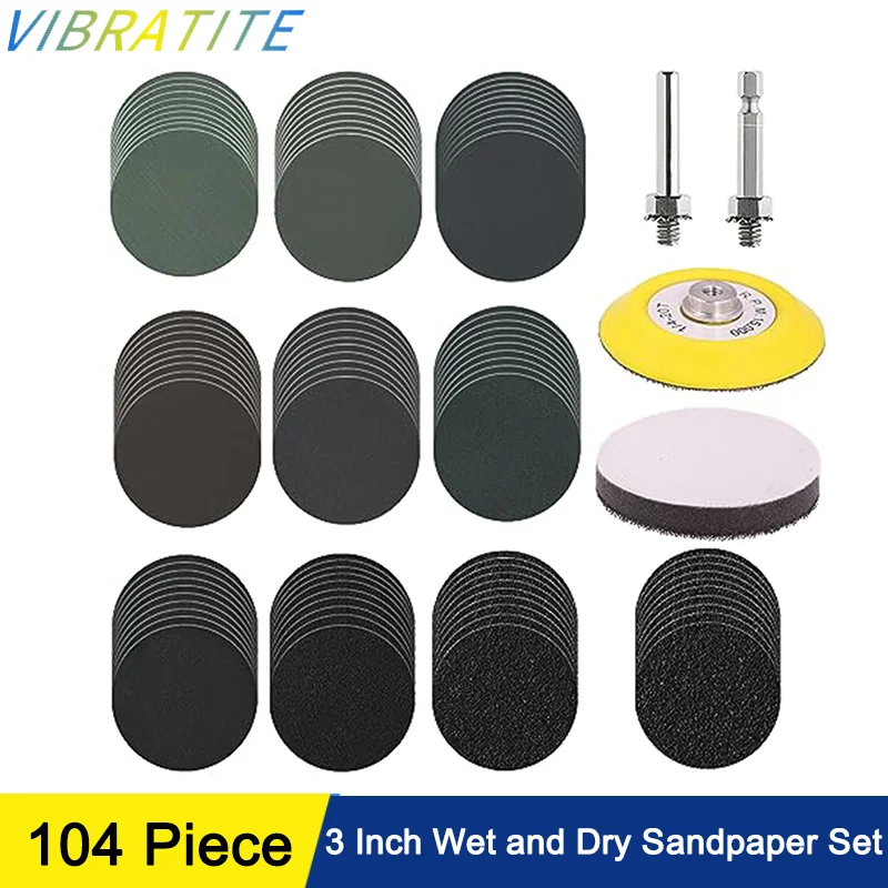 3 Inch Wet Dry Sanding Discs 104 Pcs Hook and Loop Assorted 80-3000 Grit for Polishing Wooden Furniture Walls Metals Jade