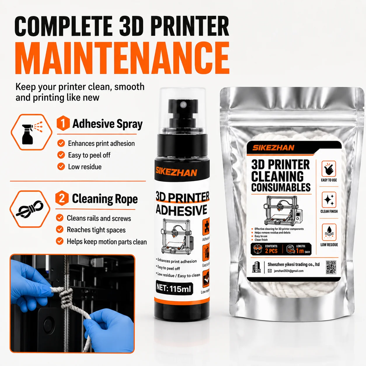 SIKEZHAN 3D Printer Bed Adhesion 115ml & 2PCS 1m Cleaning Consumables Kit for Nozzle Maintenance Anti-Warping Print Accessories