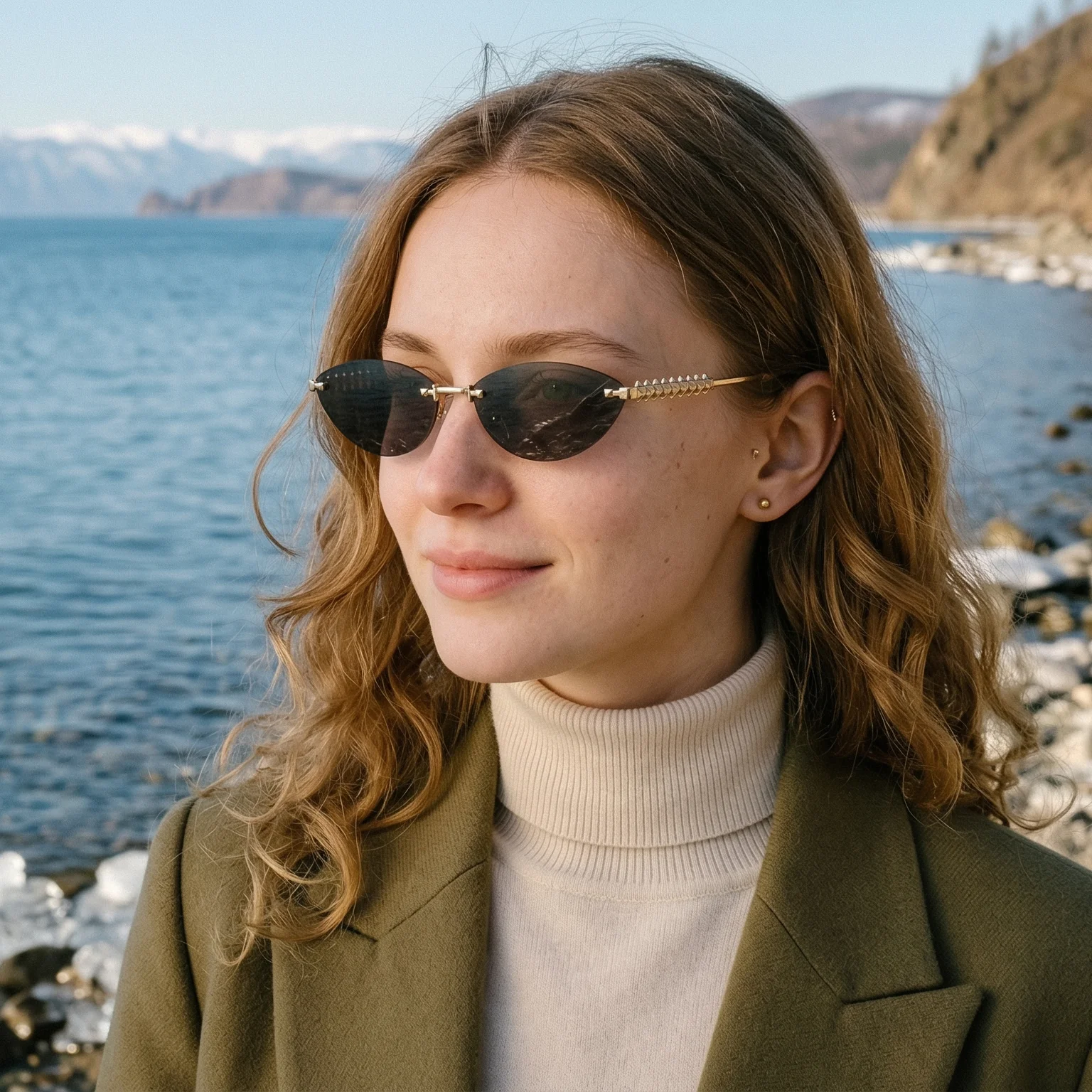 Luxuriöse Randlose Sonnenbrille für Damen, Modische Verzierte Bügel, Katzenaugen-Design, Verlaufsgläser, Oculos für Frauen