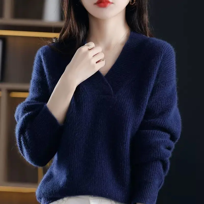 Autumn Winter New Solid Color Sweater Woman V-Neck Pullover Casual Knitted Tops Female Clothing Bottoming Basic Sweater Jumpers