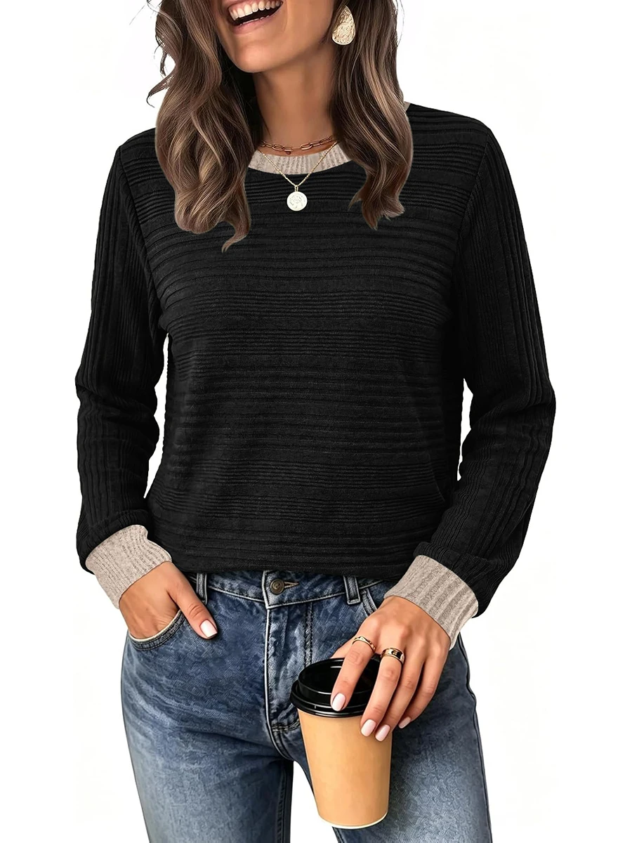 Womens Long Sleeve Loose Pullover Sweater For Crew Neck Color Block Design for Vacation Holiday Beach and Yoga