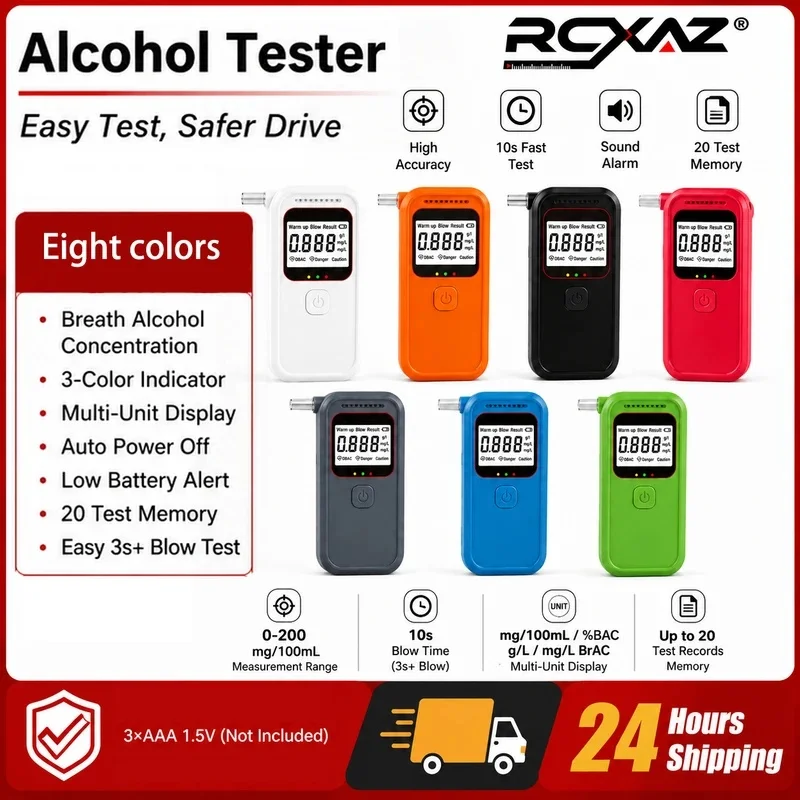 RCXAZ Digital Alcohol Breath Tester Fast 3s LCD 3-Color Display 20 Test Memory Auto Power off Car Safety Device