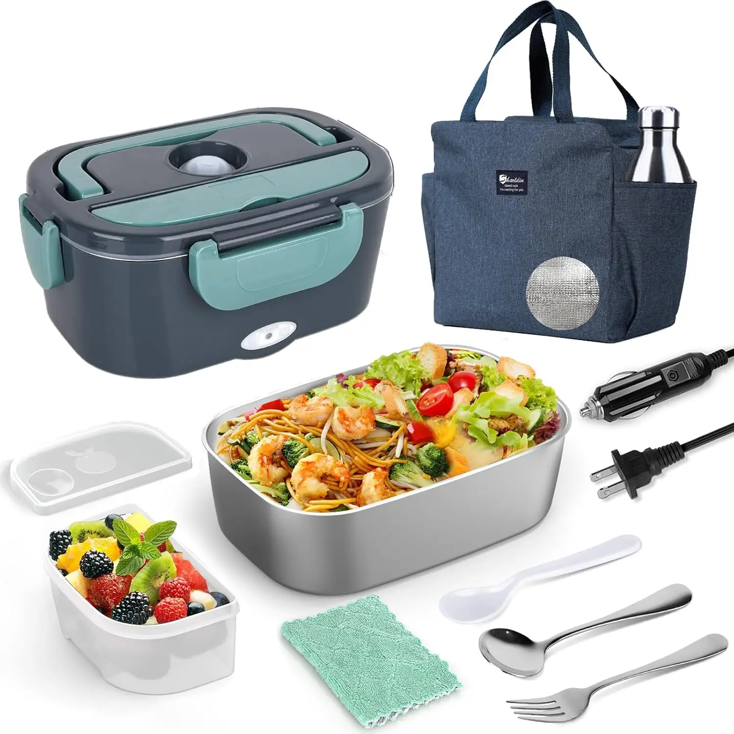 

Электрический ланч-бокс 3-в-1, портативный подогреватель еды, контейнер из нержавеющей стали объемом 1,5 л, герметичный ланч-бокс с подогревом для автомобиля/дома, в комплект входит