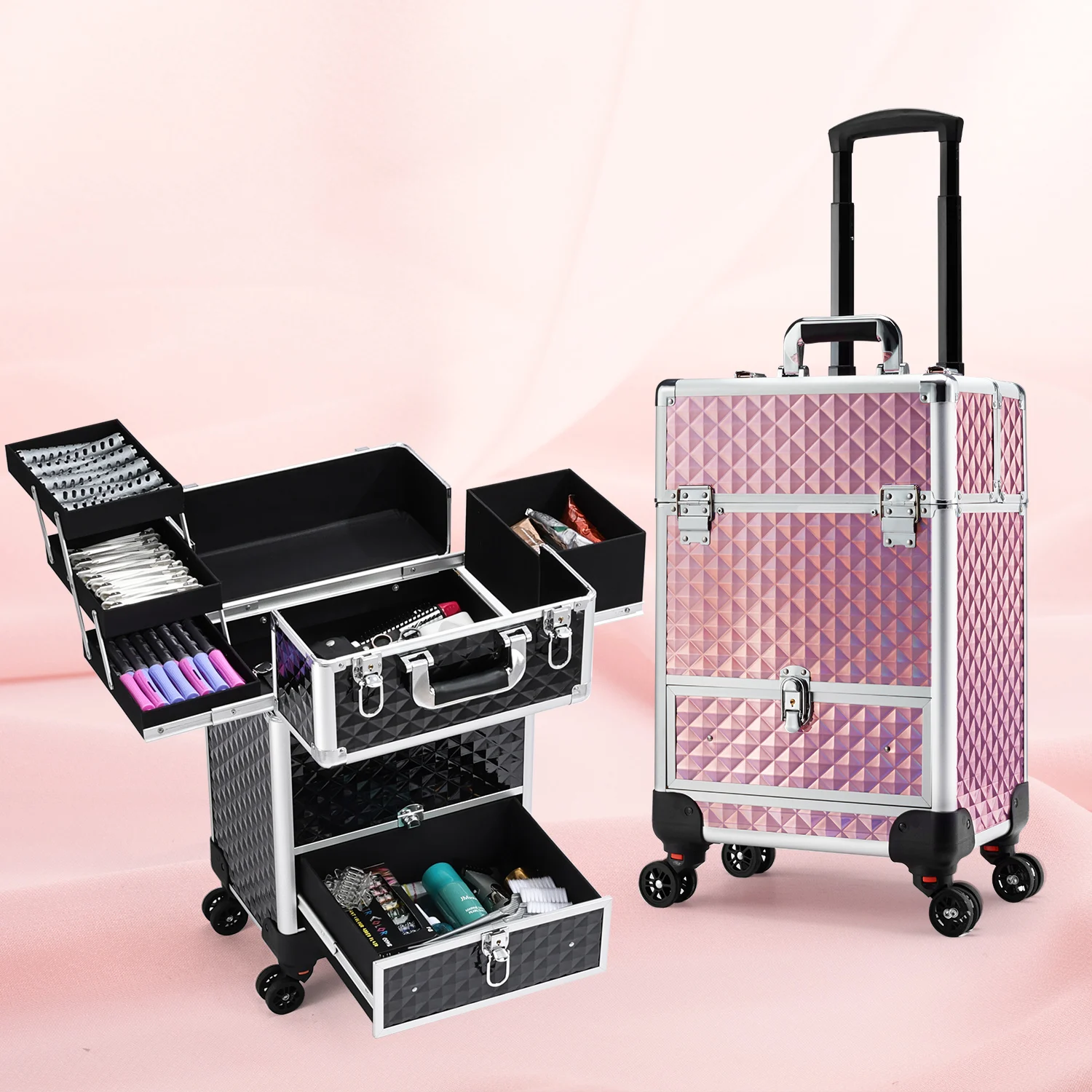 

Rolling Cosmetic Trolley Makeup Case Storage Slide Drawer 4 Tray Makeup Travel Case with Wheels Salon Barber Case Traveling Cart