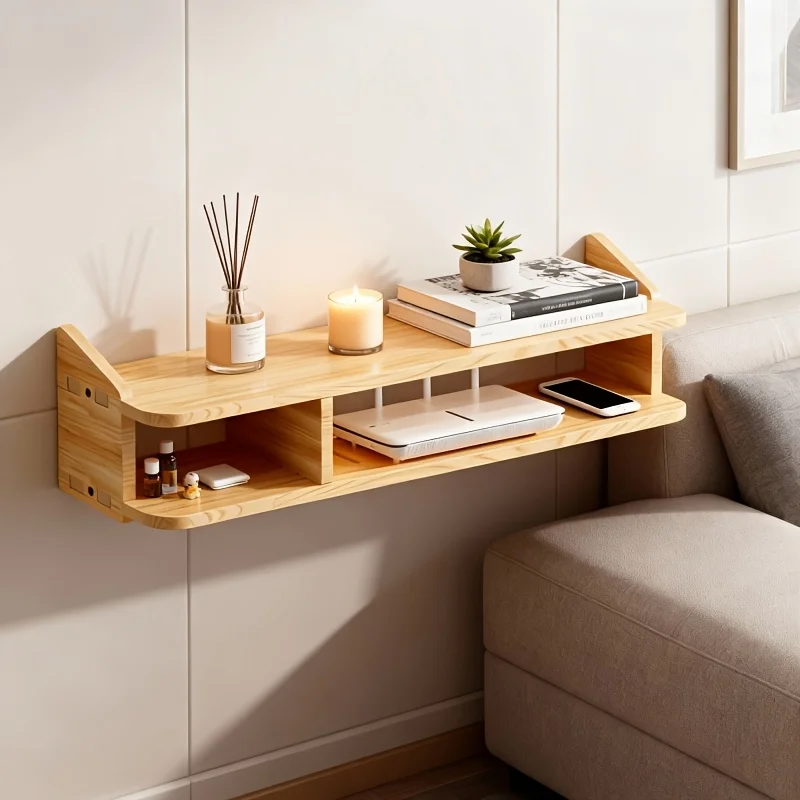 CD Wall Mounted Floating Shelf for Bedroom, Solid Wood No Drilling Shelves for Projector Router Cable Box, Wooden Wall Shelf