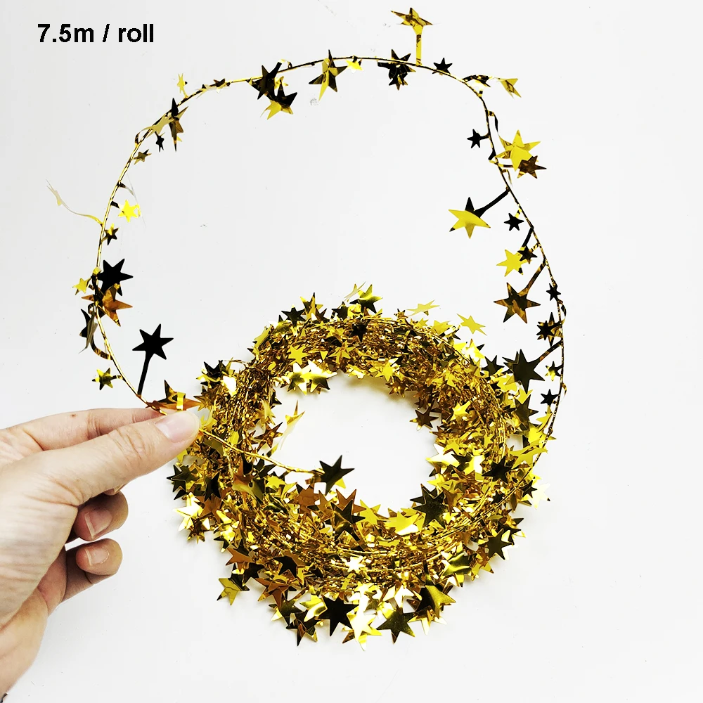 7.5M Christmas Iron Tinsel Rattan Star Garland Wreath Decor Ribbon Xmas Tree Pendant Glitter Sequin Christmas Party Supplies