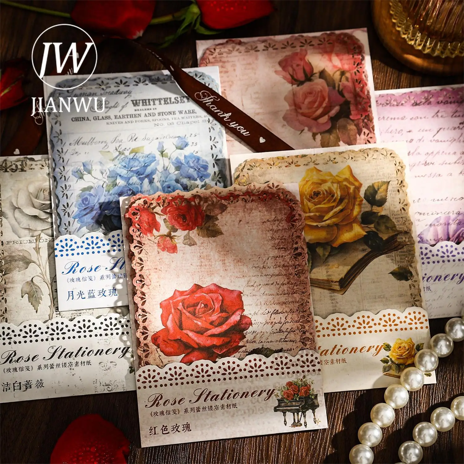 10 Sheets Rose Stationery Series Vintage Flower Hollow Lace Material Paper Creative DIY Journal Collage Decor Stationery