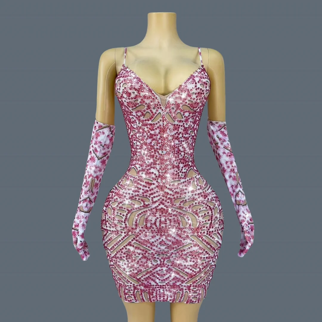 Pink lady Tight Fitting Ultra Short Dress Sparkly Crystals Hollow out Evening Slip Dress Birthday Party Photo Shoot Wear Meiying