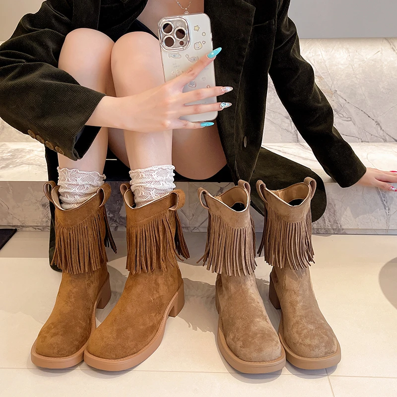 2025 نمط جديد موضة سميكة سوليد مهدب المرأة الرجعية مريحة الأحذية الغربية كعب مربع قصيرة الساق فارس الأحذية منصة #6