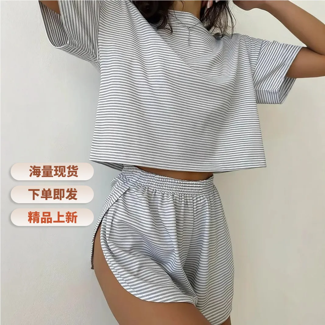 

Summer Women's Striped Suit O-neck Short Version Top Elastic Waist Slit Simple Fashion Home Casual Shorts 2-piece Sets