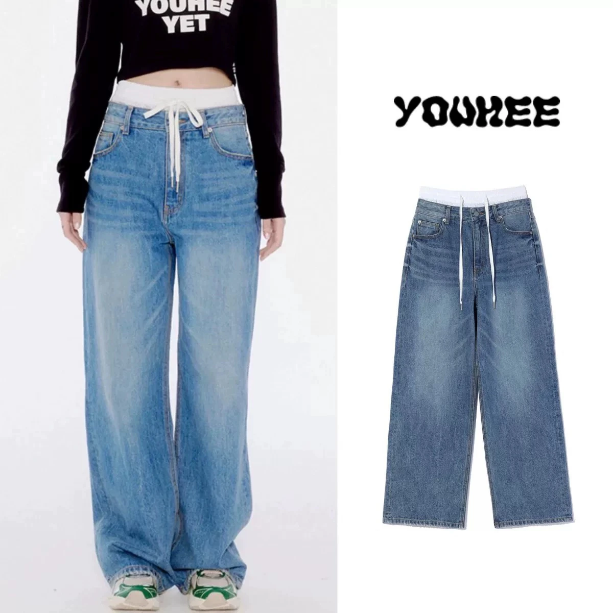 

Джинсы свободного кроя в винтажном стиле с нашивками на талии и шнурком, прямые, длинные, для женщин, осенний сезон, размер L