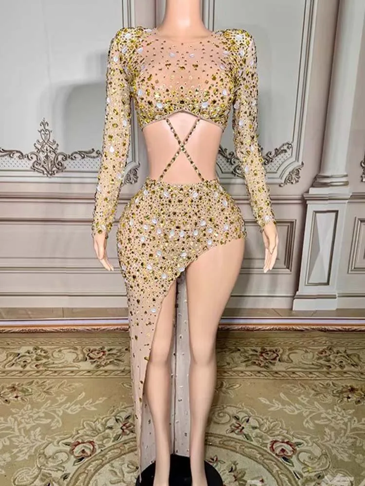 

High Quality Rhinestone Hot Stamping Sexy High Slit Elastic Hip Bag Skirt 2025 New Fashionable Custom Women'S Clothing