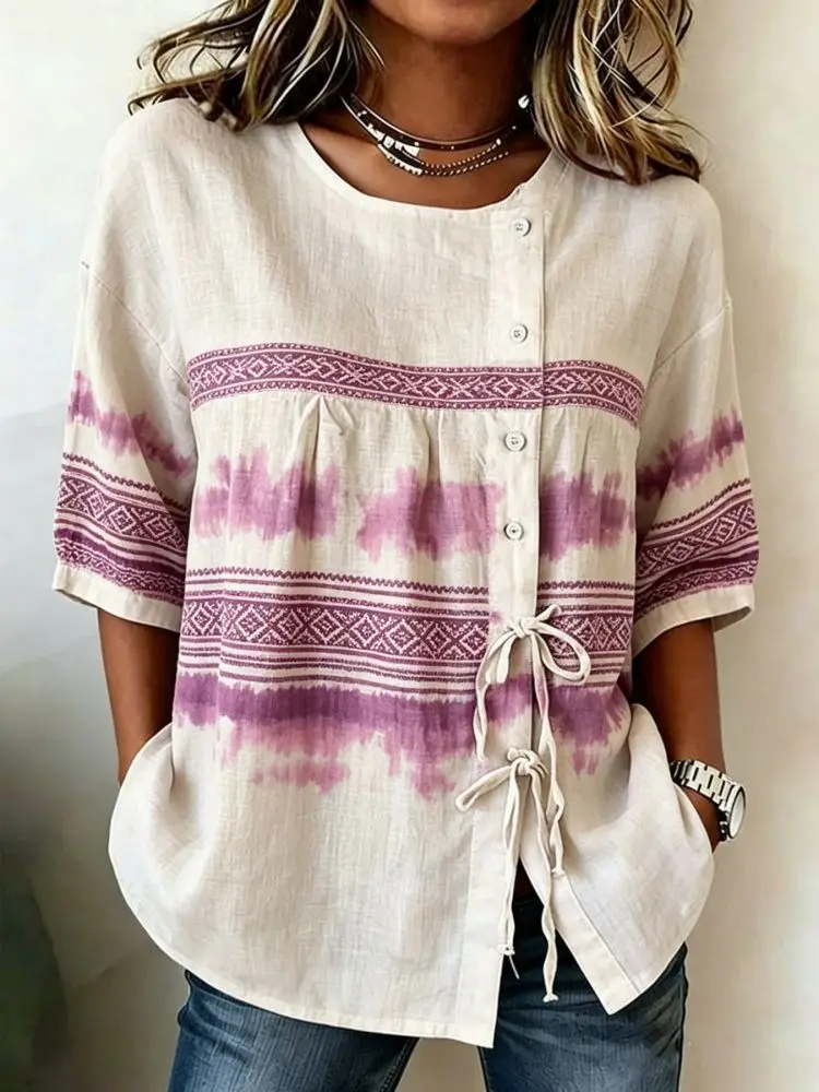 Women's Boho Tie-Dye & Geometric Print Drawstring Button Up Blouse, Casual Round Neck Tops for Spring Summer Daily Vacation Wear