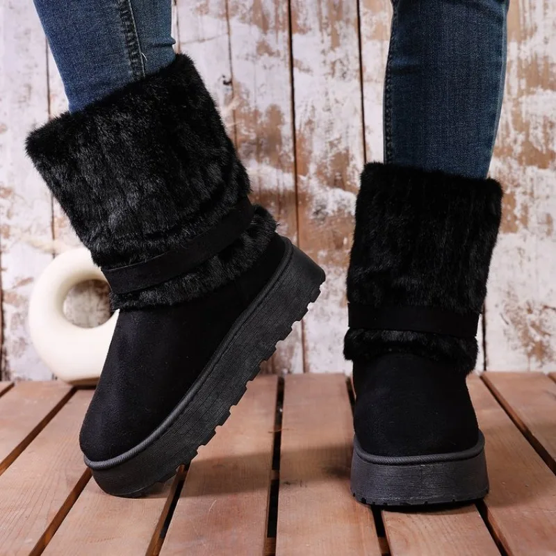 المألوف القوس جولة تو أحذية الثلوج أنيقة الشتاء شقة مقاومة للاهتراء لينة الطلاب زائد المخملية الدافئة أحذية نسائية حجم كبير 43