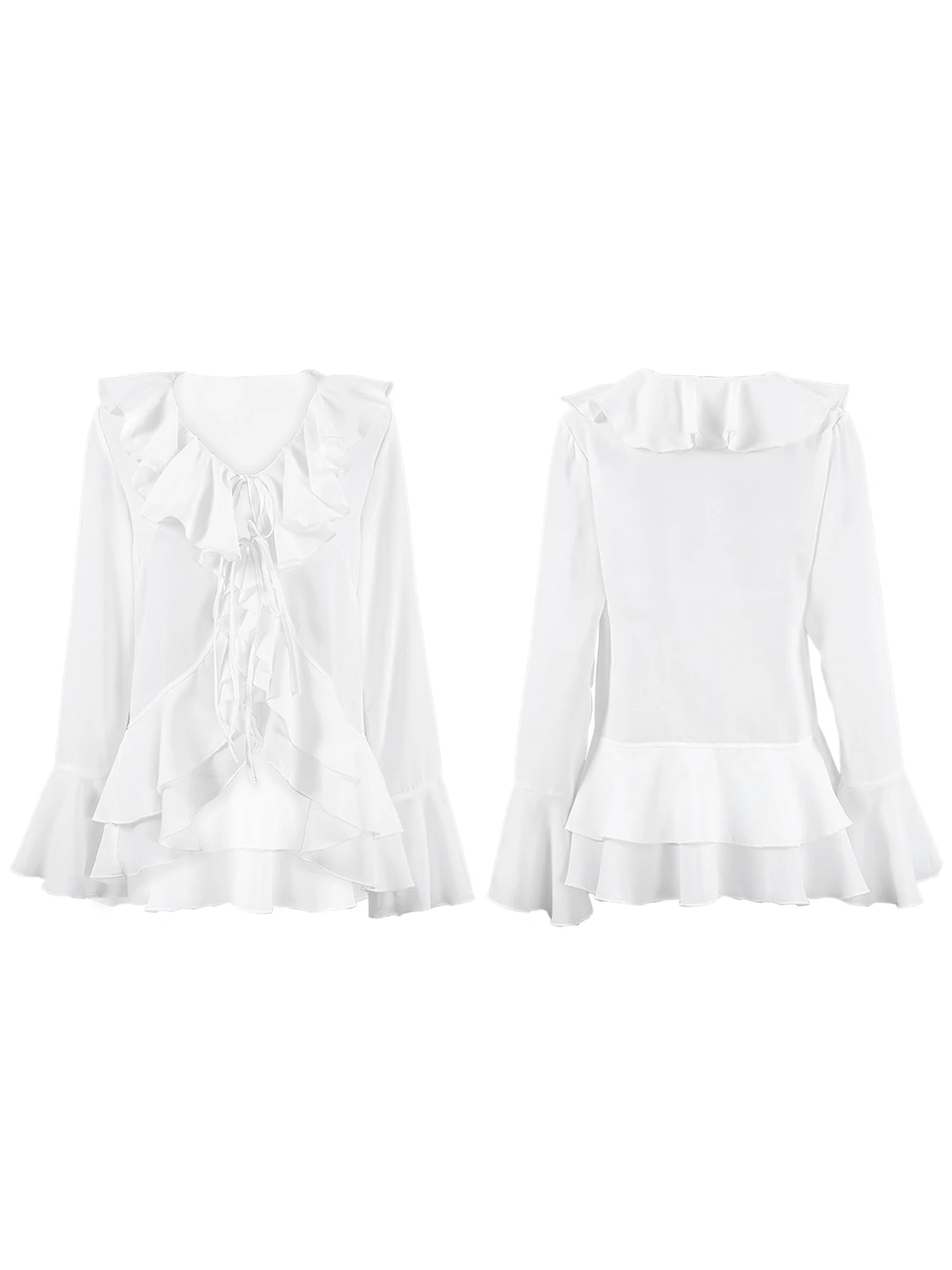 Blusa elegante con cuello en V para mujer con detalle de lazo en la parte delantera y mangas acampanadas: top moderno con volantes de color sólido para Fashionistas