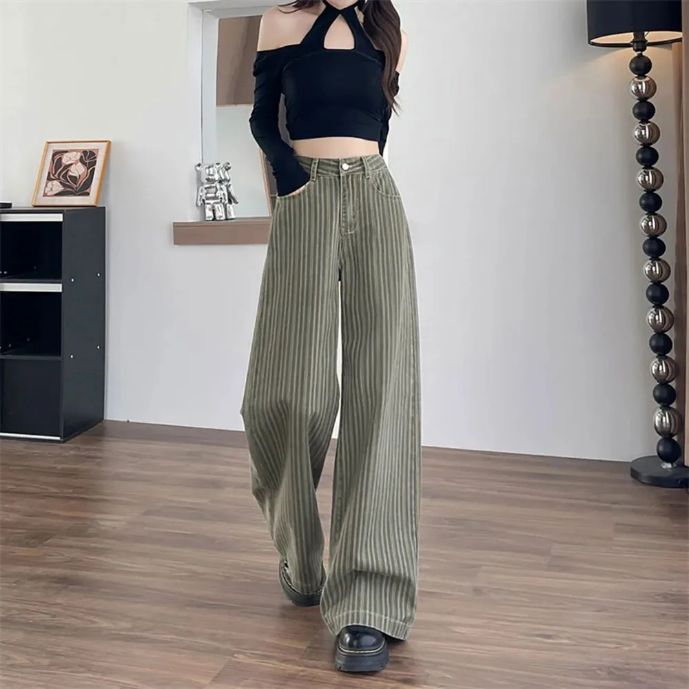 

2026 Spring Autumn New High Waisted Vertical Stripes Jeans Wide Leg Pants Women Design Loose Straight Leg Cowboy Ladies Trouser