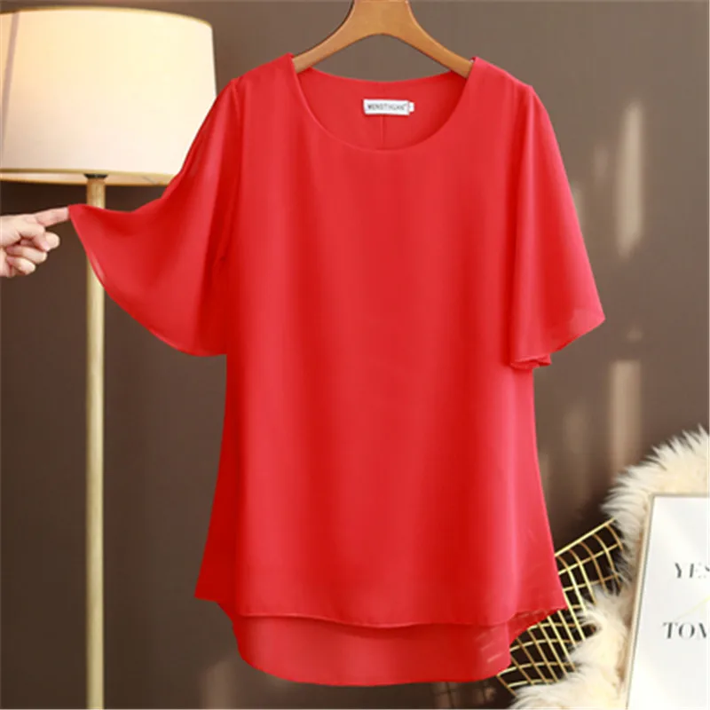 Chiffon shirt trumpet sleeve short-sleeved women's summer 2022 new round neck loose large solid color top T-shirt A914