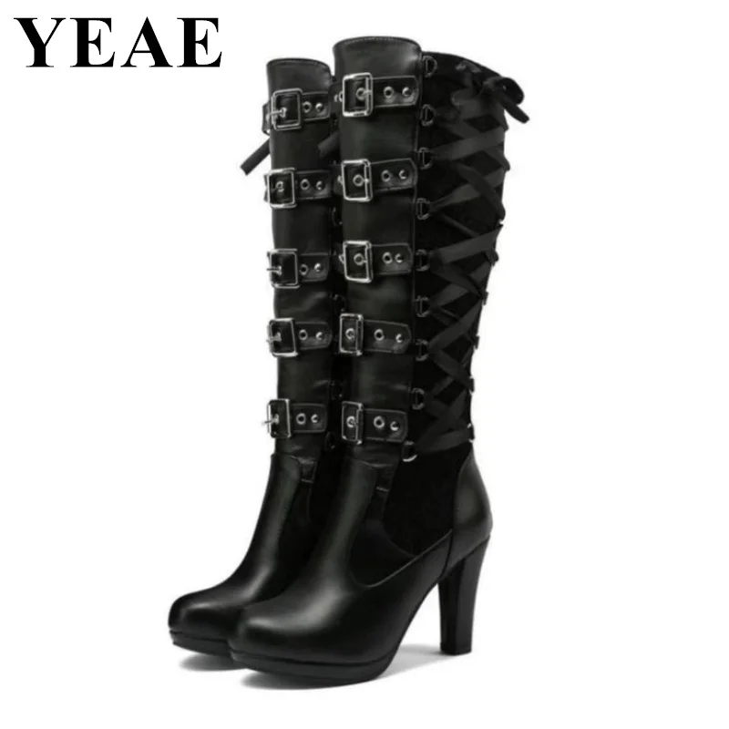 Autumn Winter Platform Knee High Boots For Women Lace Up Chunky High Heel Motorcycle Boots Punk Black Buckle Gothic Shoes 2023