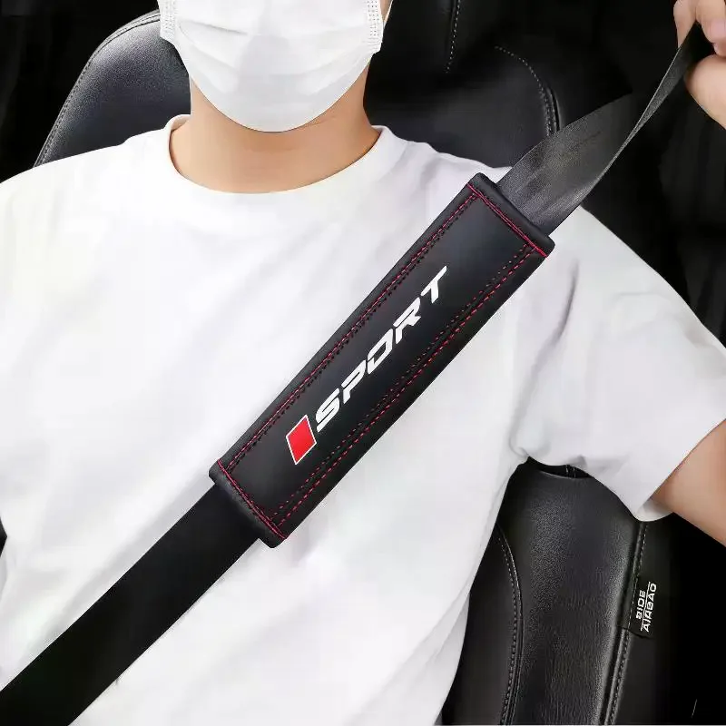 Car Seat Belt Shoulder Pad PU Leather Soft Comfortable Cushion Sport Logo Print For Daily Driving Long Trips Fits Most Cars
