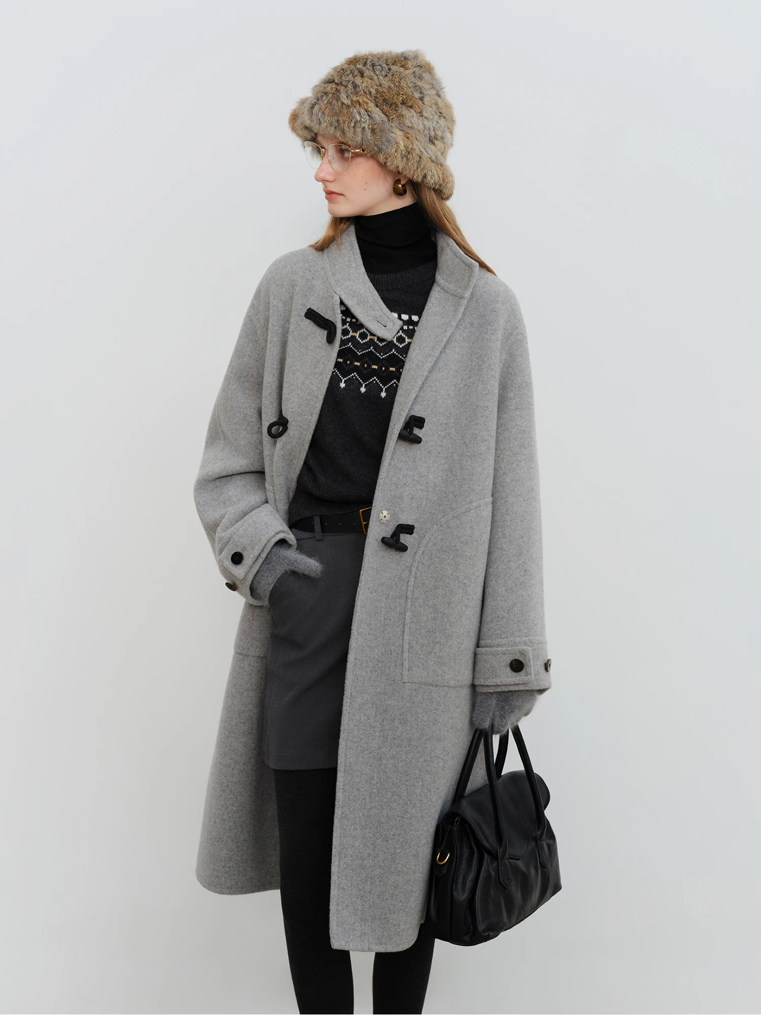 ZIQIAO Crafty Studio Wool Coat for Petite Women with Horn Buttons, Standing Collar, and Double-Faced Design 2025 New Collection