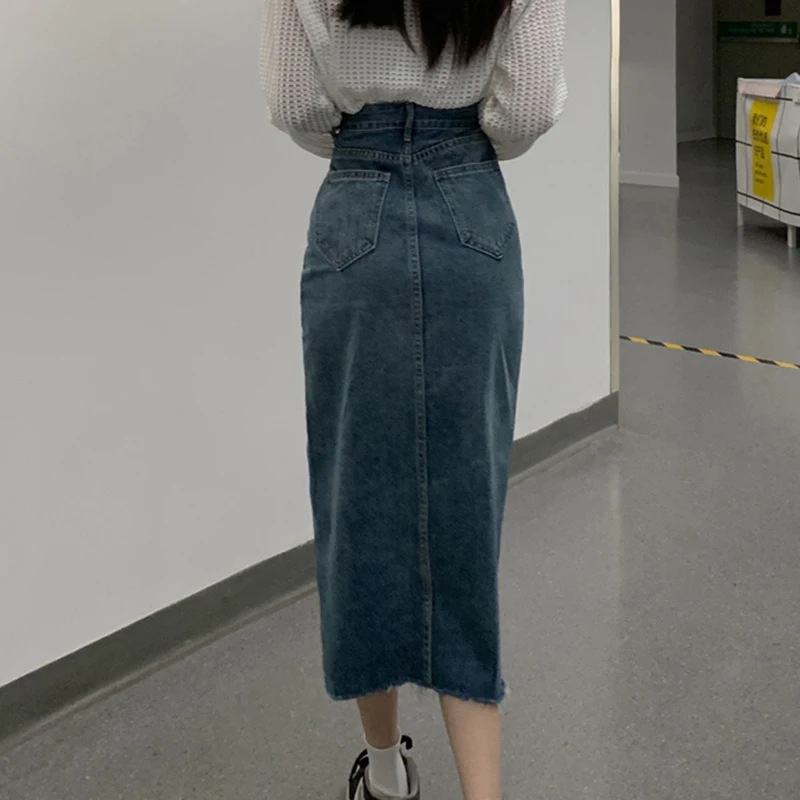 Vintage Women Casual Denim Skirt High Waist Split Front Long Jeans Skirts Midi Jeans Skirt Irregular Waist Slim-Fit Skirts Girls