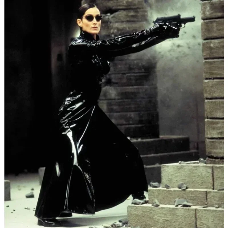 Abrigo largo de piel sintética Matrix para hombre y mujer, gabardina de látex Wetlook, disfraz de Cosplay con cremallera, manga larga ajustada y J1
