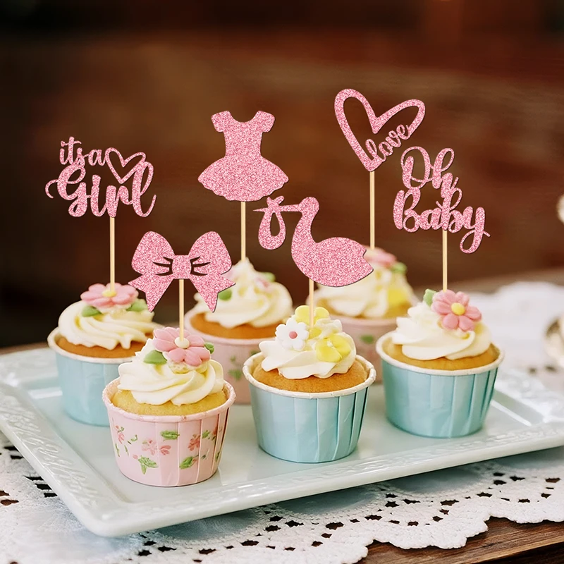 YOMDID 24 Stück Baby-Shower-Cupcake-Topper, Gender-Reveal-Kuchenaufsätze, Glitzer-Liebesherzen, Liebes-Schriftzug, Schleifen-Kleid-Kuchendekorationen – Detail 10