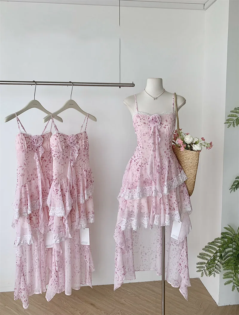Y2K Unregelmäßige Kleid Frauen Mode Party Floral Spitze Spaghetti Strap Kleider Sommer Urlaub Frankreich Rüschen Bodycon Vestidos