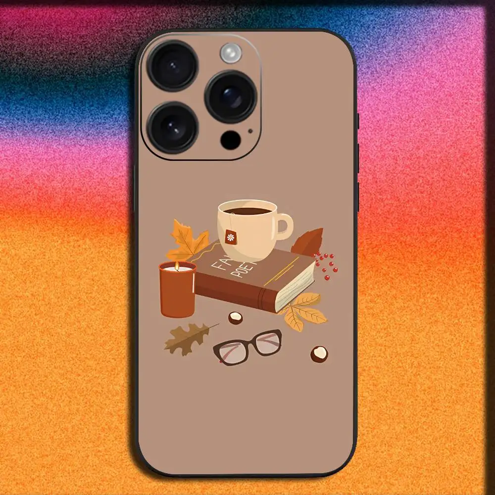 Libro da caffè con foglie autunnali per iPhone 17,16,15,14,13,12,11,Pro,Max,Plus,E,SE4,Air,Mini Cover nera per telefono