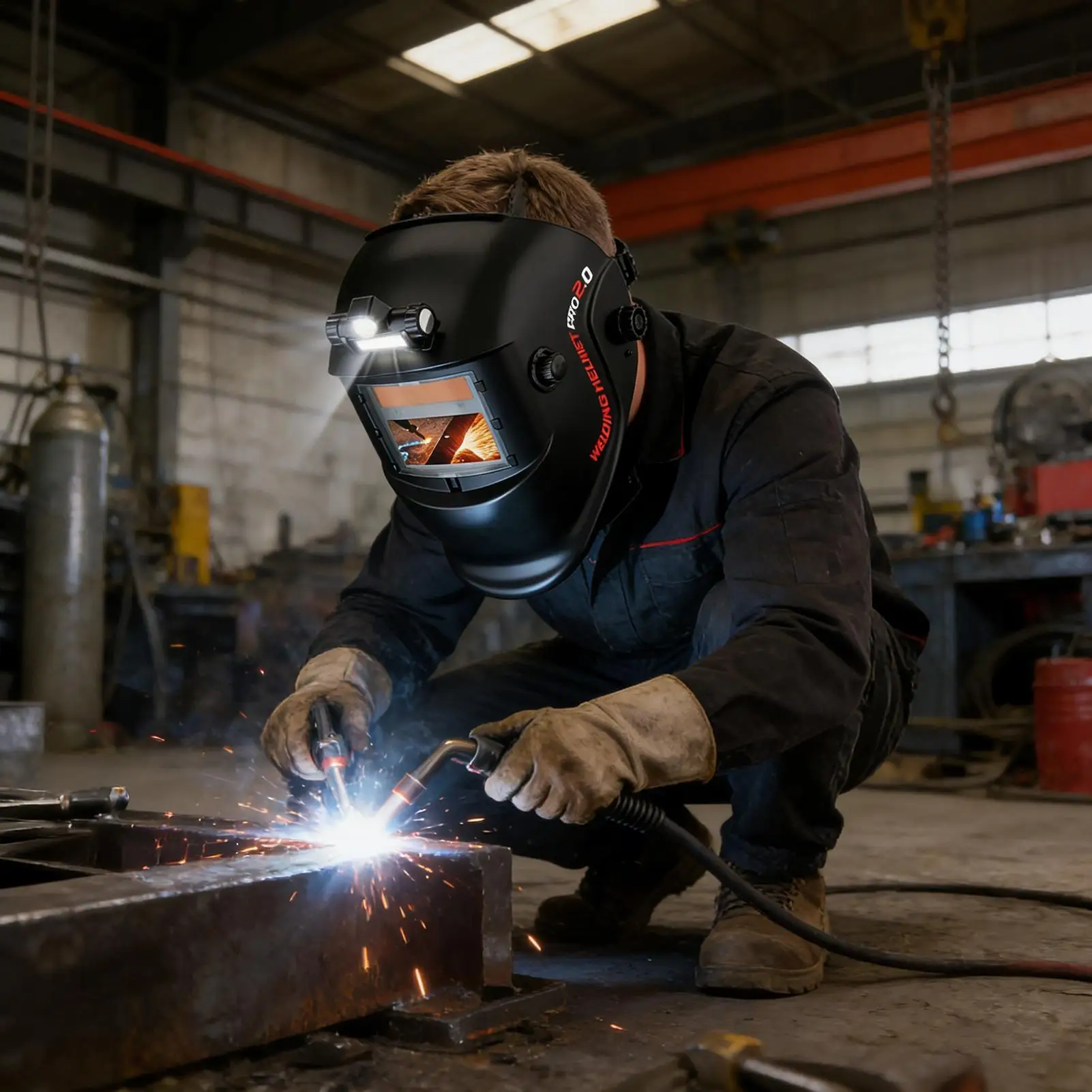 Auto Dimming Welding Helmet Adjustable Head Shield With Light Welder Hood For Workshop Garage Job Site Automotive Repair