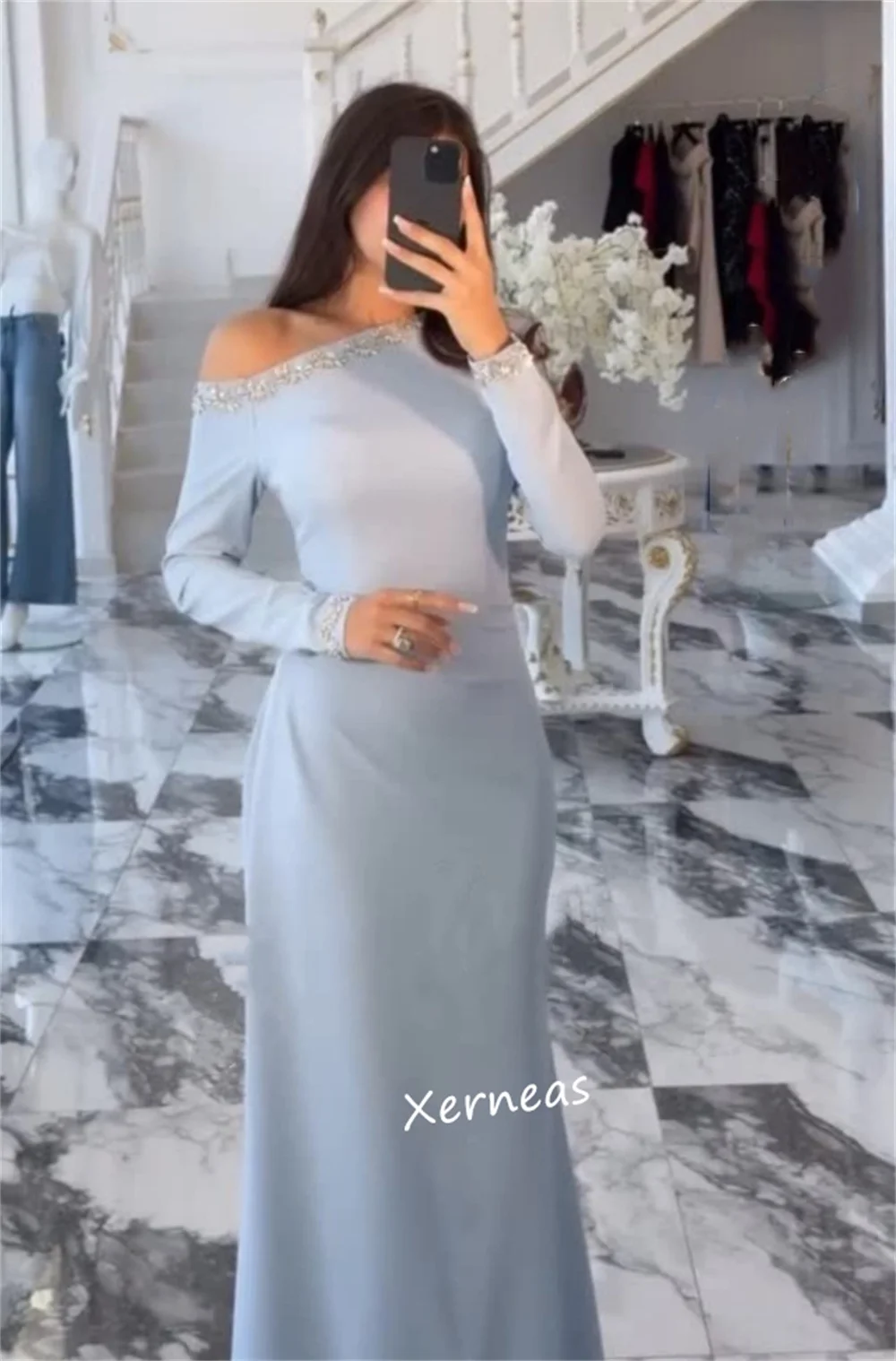 Customized Jersey Rhinestone Off-the-shoulder Mermaid Floor-length Bespoke Occasion Evening Party Simple Elegant Glitter Formal