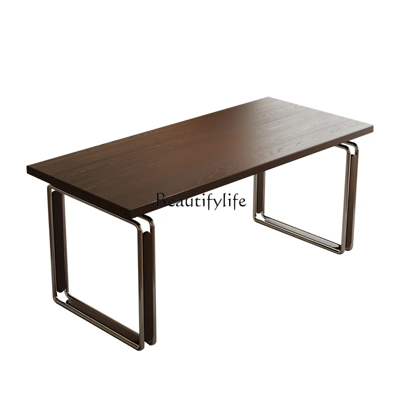 

Pre-style solid wood dining table home retro desk rectangular stainless steel