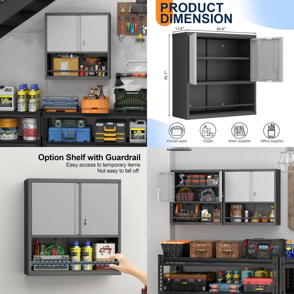 

Серый настенный запираемый шкаф для гаража с регулируемыми полками для верхнего хранения