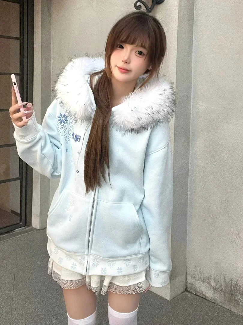 

Fluffy Snowflake Embroidery Hooded Fleece Lined Sweatshirt Women's Thickened Coat Spring Autumn Winter New Style Kangaroo Pocket