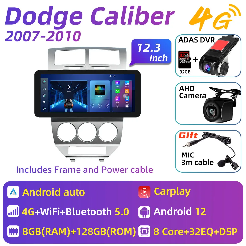 12.3 Inch Carplay 2 Din Android Car Radio Stereo for Dodge Caliber 2007-2010 Screen Gps Multimedia Audio Head Unit Autoradio